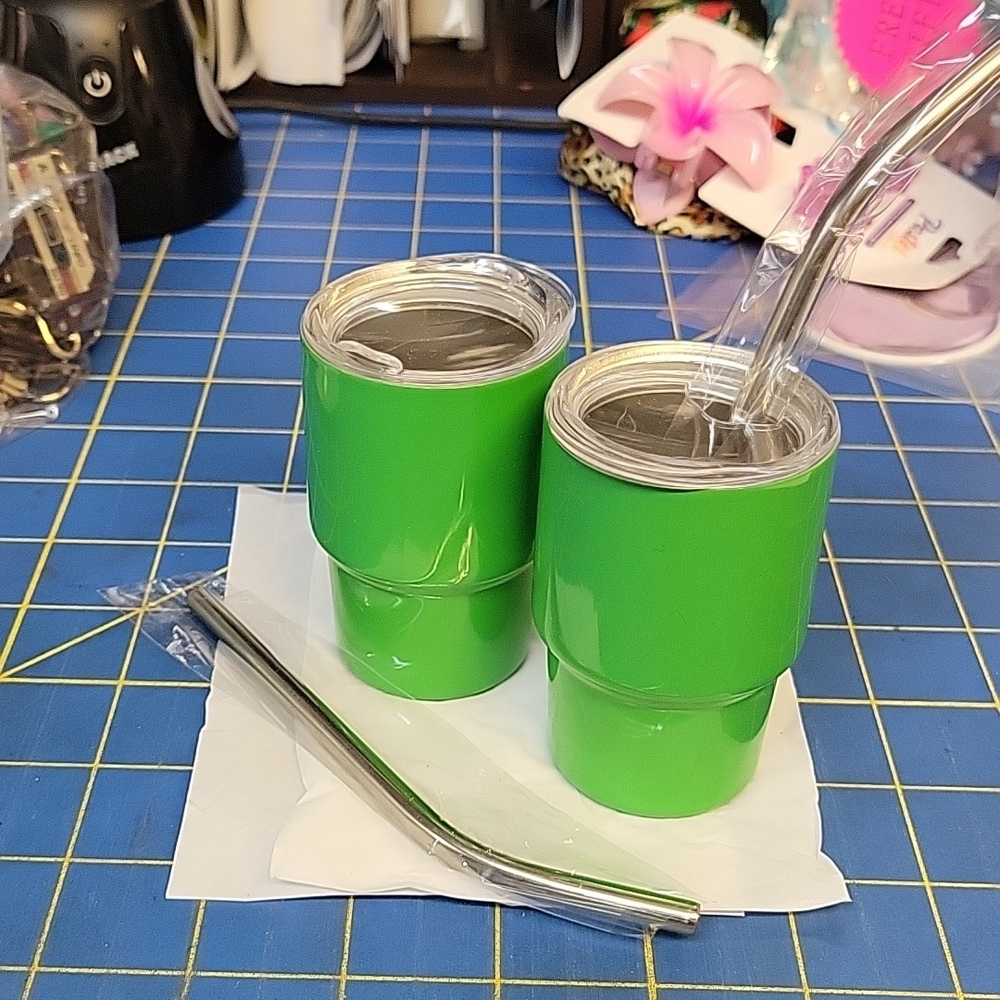 Green Stainless Steel 3oz Tumblers with Metal Straws New